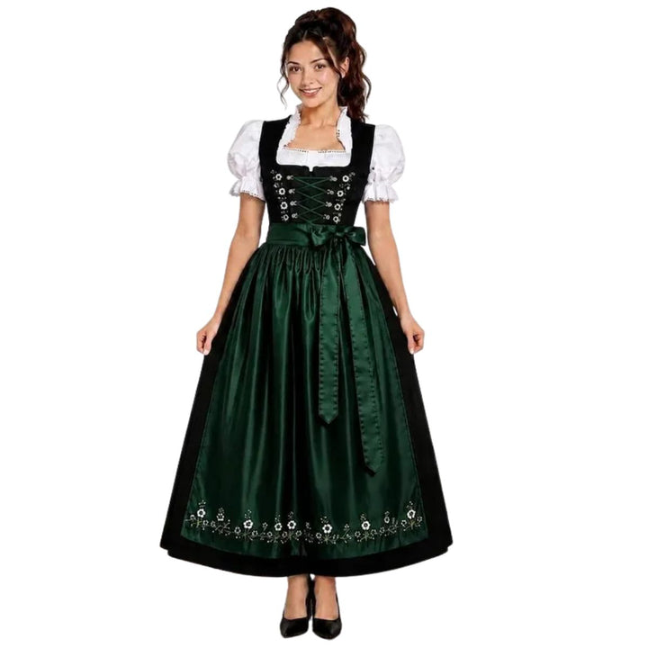 Damen Dirndl Schwarz Grün | 3-teiliges Trachtenkleid Set mit weißer Bluse, Stickerei und Satin-Schürze