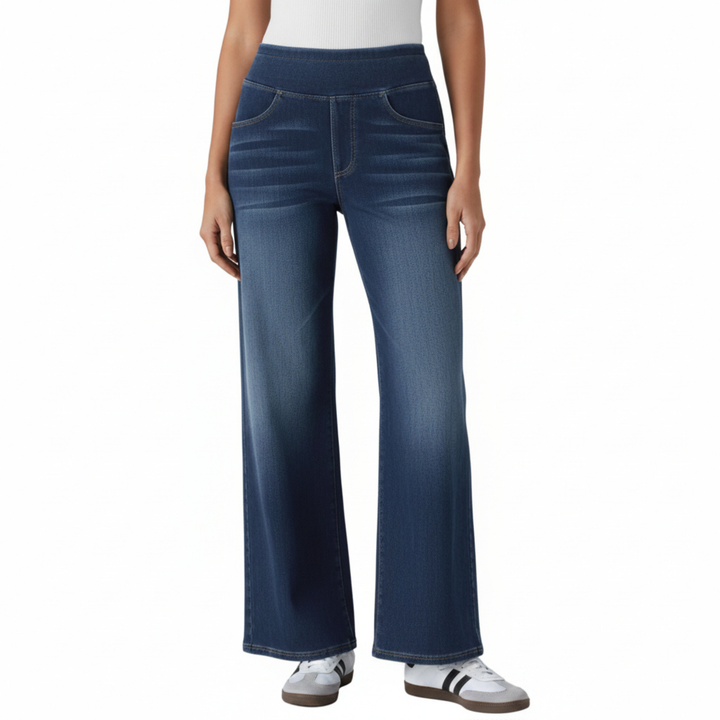 Damen High-Waist Stretch Jeans | Weite Denim-Hose mit elastischem Bund | Bequeme Wide-Leg Jeans für Alltag &amp; Freizeit