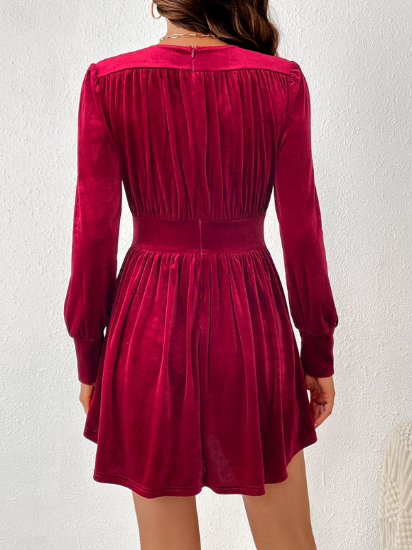 Damen Samtkleid mit V-Ausschnitt | Elegantes Minikleid mit Faltenrock, langen Ballonärmeln und tailliertem Schnitt für festliche Anlässe