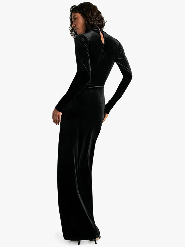 Damen Samt Abendkleid mit Stehkragen | Bodenlanges Maxikleid mit Taillenknoten, langen Ärmeln und figurbetontem Schnitt