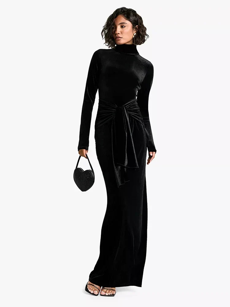 Damen Samt Abendkleid mit Stehkragen | Bodenlanges Maxikleid mit Taillenknoten, langen Ärmeln und figurbetontem Schnitt