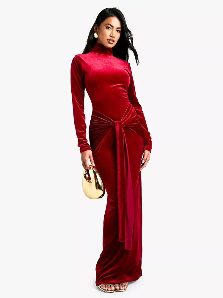 Damen Samt Abendkleid mit Stehkragen | Bodenlanges Maxikleid mit Taillenknoten, langen Ärmeln und figurbetontem Schnitt