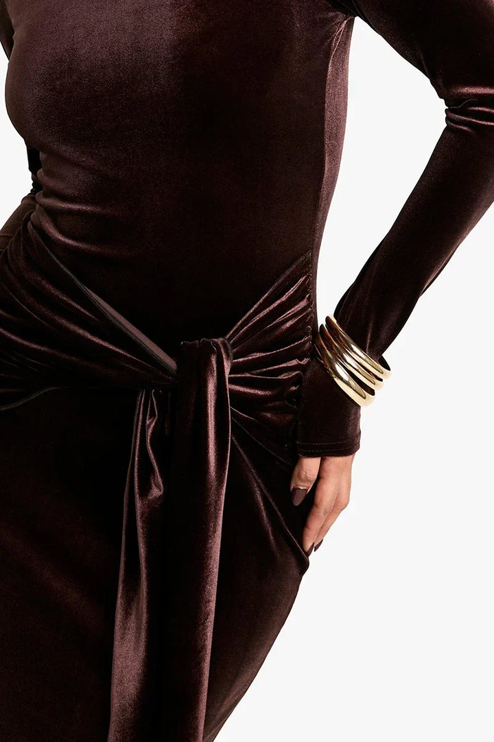 Damen Samt Abendkleid mit Stehkragen | Bodenlanges Maxikleid mit Taillenknoten, langen Ärmeln und figurbetontem Schnitt
