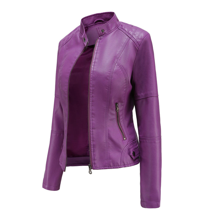 Damen Lederjacke | Taillierte Übergangsjacke mit Reißverschluss, Druckknopfkragen und praktischen Taschen