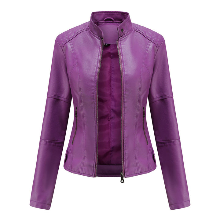 Damen Lederjacke | Taillierte Übergangsjacke mit Reißverschluss, Druckknopfkragen und praktischen Taschen