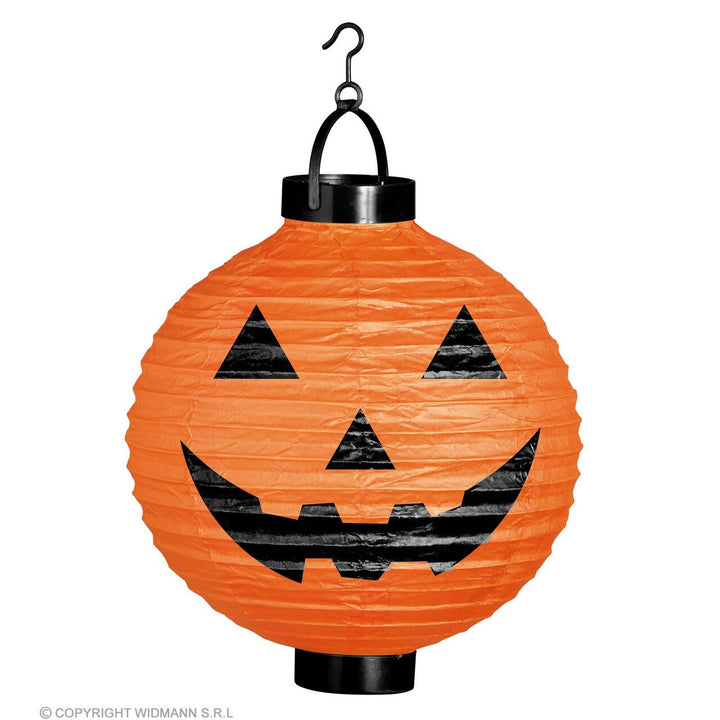 Halloween Kürbis Lampion 20 cm | Beleuchtete orange Kürbislaterne mit Aufhänger für Halloween- und Partydekoration