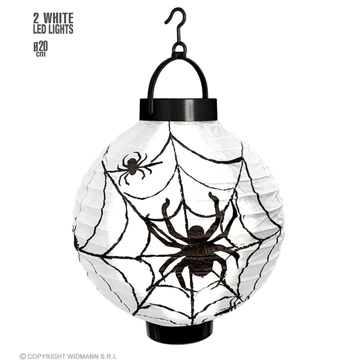 Halloween Spinnen Lampion 20 cm | Beleuchtete Laterne mit Spinnennetz und schwarzer Spinne für Halloween-Dekoration