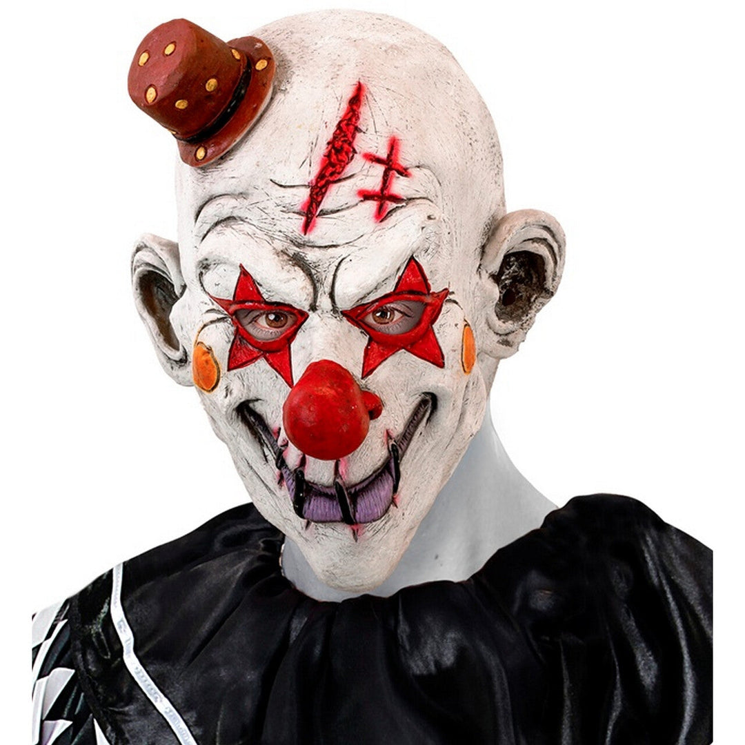 Horror Clown Maske Weiß Rot | Gruselige Clownmaske mit roter Nase, Minihut und Narbenoptik für Halloween und Mottoparty