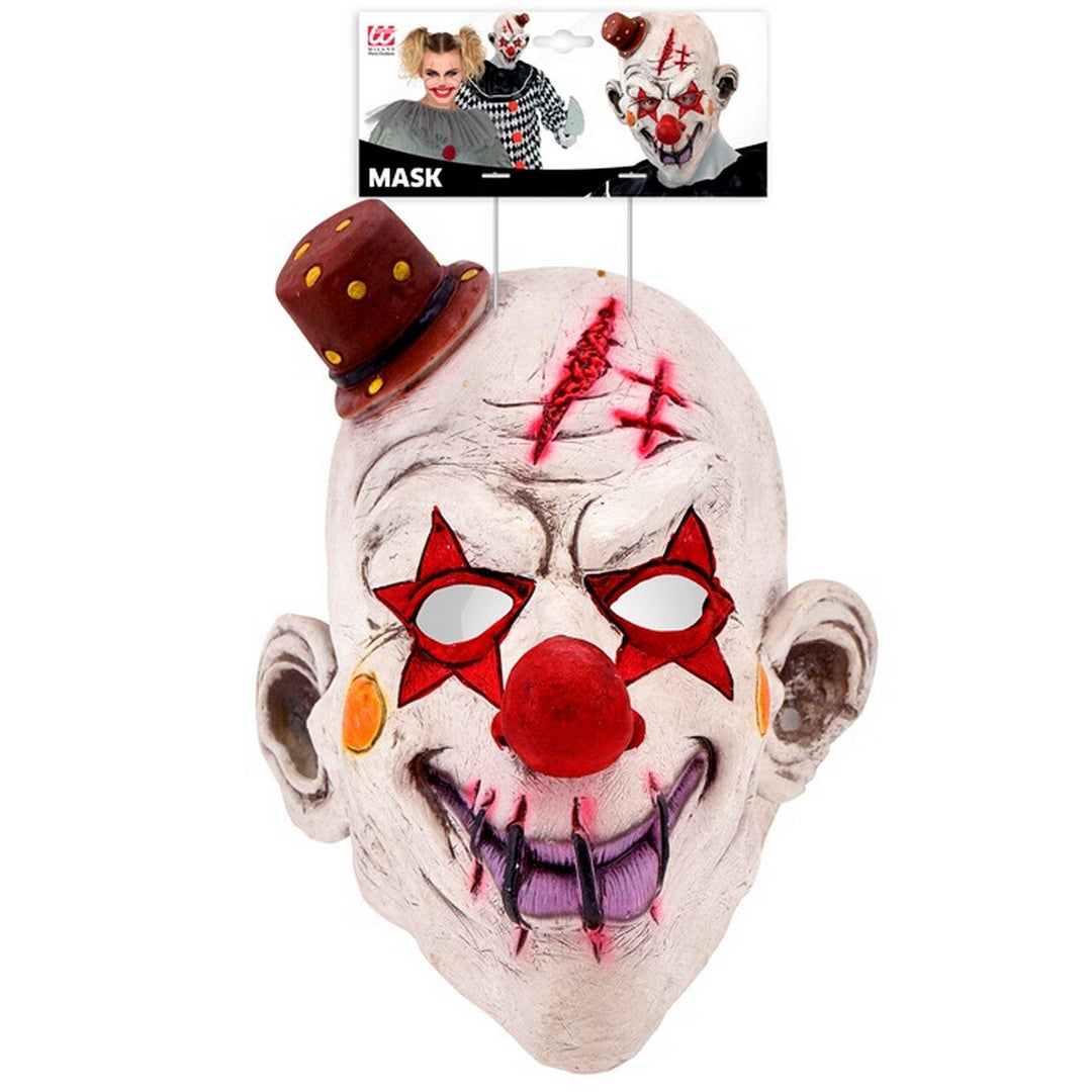 Horror Clown Maske Weiß Rot | Gruselige Clownmaske mit roter Nase, Minihut und Narbenoptik für Halloween und Mottoparty