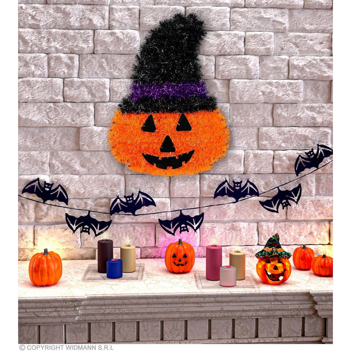 Halloween Kürbis mit Hexenhut | Orange-schwarze Hängedeko mit Kürbisgesicht für Halloween-Partys und Gruseldeko