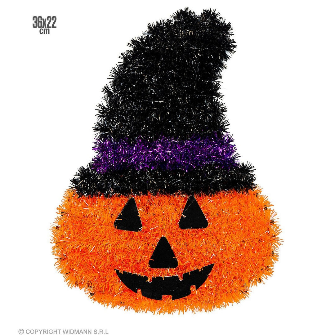 Halloween Kürbis mit Hexenhut | Orange-schwarze Hängedeko mit Kürbisgesicht für Halloween-Partys und Gruseldeko