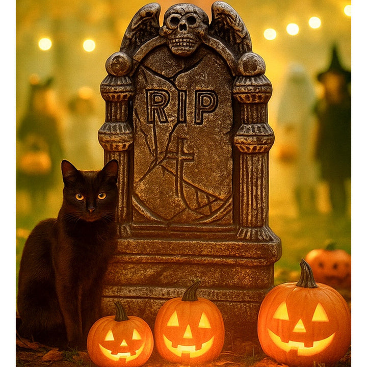 Halloween Grabstein Deko | Dunkler RIP-Grabstein mit Totenkopf und Engelsflügeln für Friedhofs- und Halloween-Dekoration