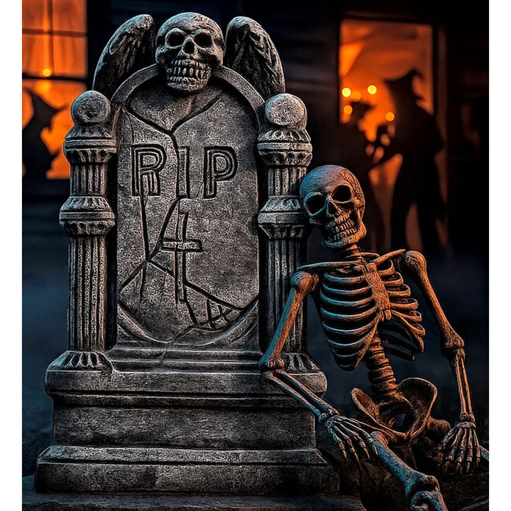 Halloween Grabstein Deko | Dunkler RIP-Grabstein mit Totenkopf und Engelsflügeln für Friedhofs- und Halloween-Dekoration