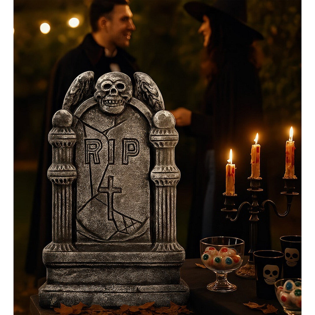 Halloween Grabstein Deko | Dunkler RIP-Grabstein mit Totenkopf und Engelsflügeln für Friedhofs- und Halloween-Dekoration