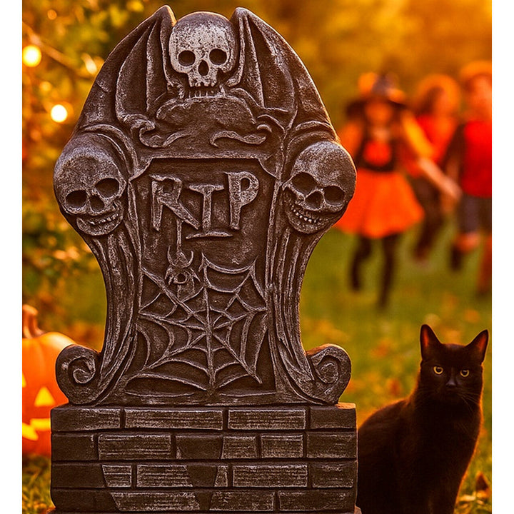 Halloween Grabstein Deko | RIP-Grabstein mit Totenköpfen und Spinnennetz für Friedhofs-, Garten- und Halloween-Dekoration