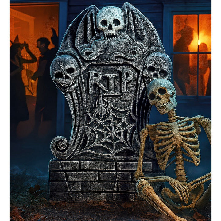 Halloween Grabstein Deko | RIP-Grabstein mit Totenköpfen und Spinnennetz für Friedhofs-, Garten- und Halloween-Dekoration