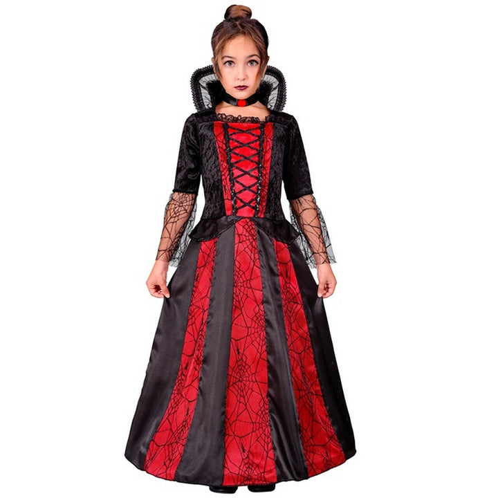 Mädchen Vampir Kostüm Rot Schwarz | Halloween Gräfin Kleid mit Spinnennetzmuster, Choker und ausgestelltem Rock