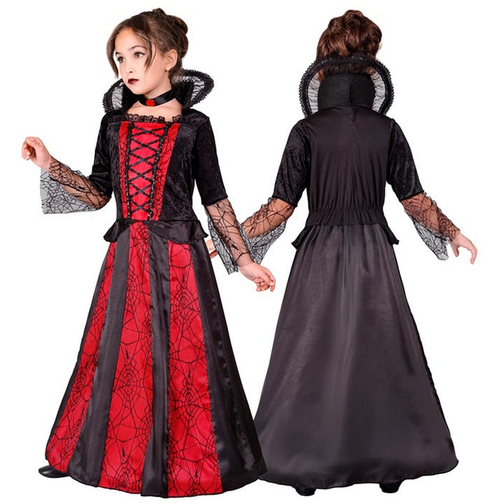 Mädchen Vampir Kostüm Rot Schwarz | Halloween Gräfin Kleid mit Spinnennetzmuster, Choker und ausgestelltem Rock