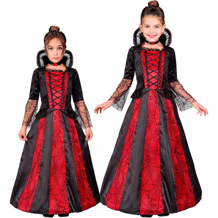 Mädchen Vampir Kostüm Rot Schwarz | Halloween Gräfin Kleid mit Spinnennetzmuster, Choker und ausgestelltem Rock