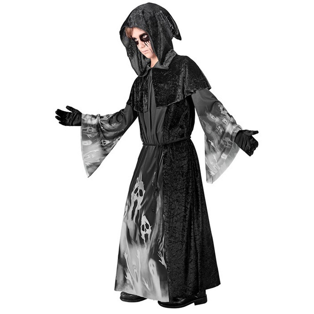 Jungen Sensenmann Kostüm Schwarz Grau | Halloween Kapuzengewand mit Schreiende-Seelen-Motiv und ausgestellten Ärmeln
