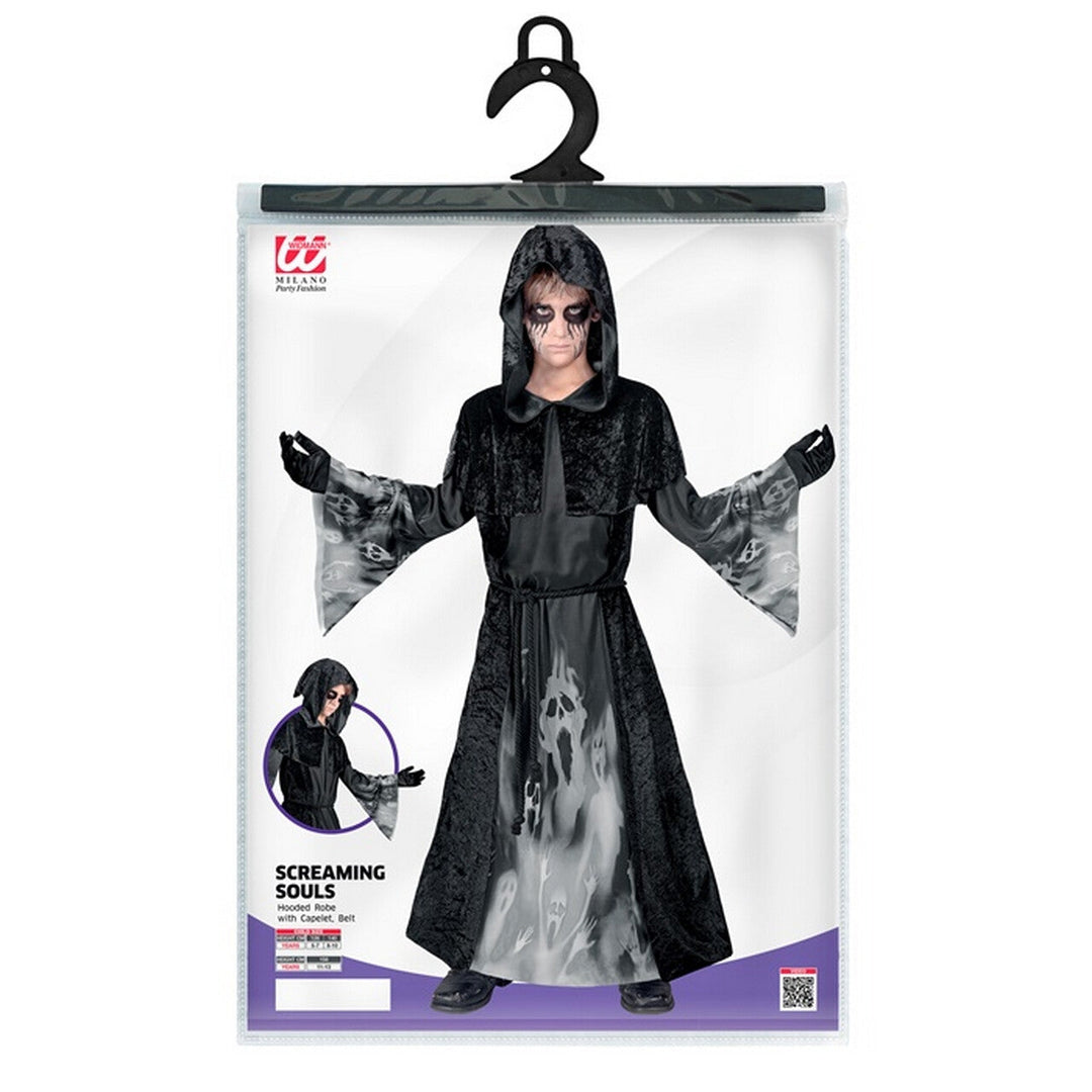 Jungen Sensenmann Kostüm Schwarz Grau | Halloween Kapuzengewand mit Schreiende-Seelen-Motiv und ausgestellten Ärmeln