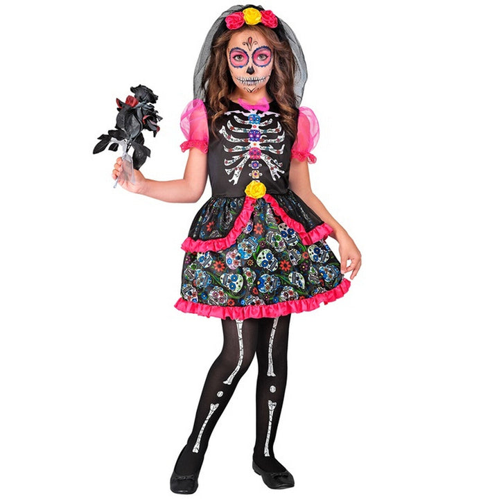 Mädchen Zuckerschädel Kostüm Pink Schwarz | Halloween Kleid mit Sugar Skull Muster, Blumen, Tüll und Haarreif mit Schleier