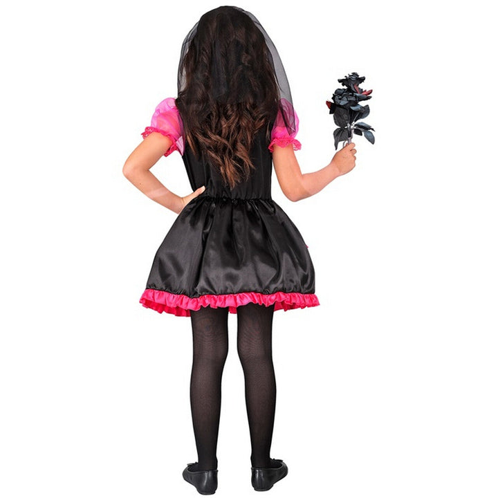 Mädchen Zuckerschädel Kostüm Pink Schwarz | Halloween Kleid mit Sugar Skull Muster, Blumen, Tüll und Haarreif mit Schleier