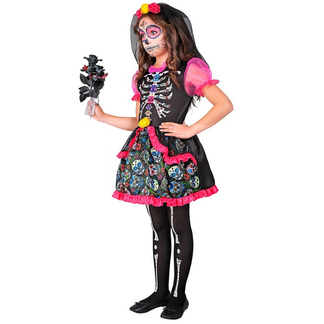 Mädchen Zuckerschädel Kostüm Pink Schwarz | Halloween Kleid mit Sugar Skull Muster, Blumen, Tüll und Haarreif mit Schleier