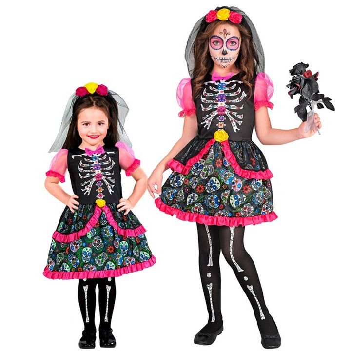 Mädchen Zuckerschädel Kostüm Pink Schwarz | Halloween Kleid mit Sugar Skull Muster, Blumen, Tüll und Haarreif mit Schleier