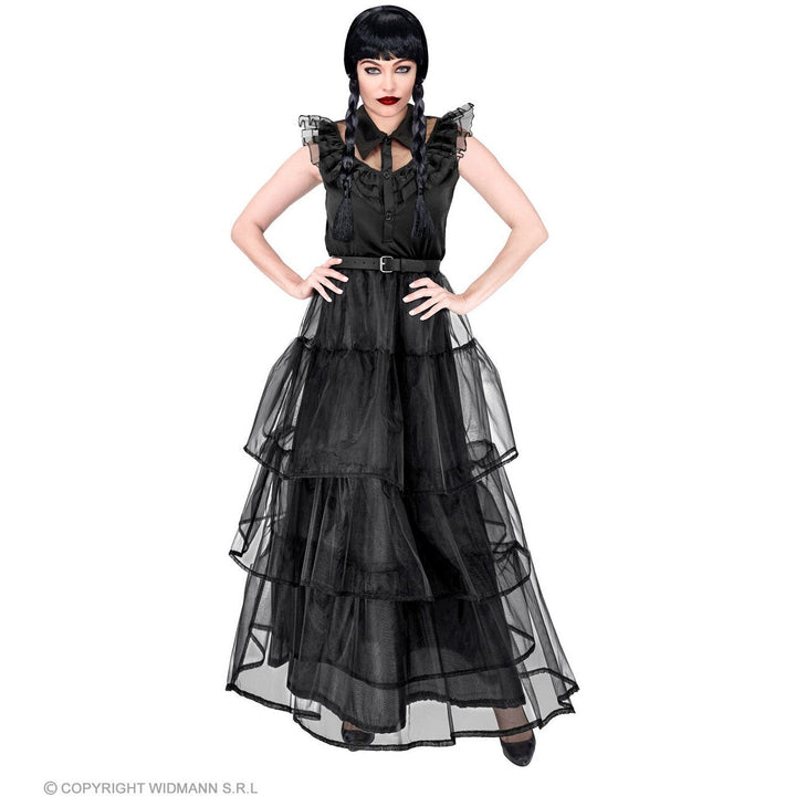 Damen Wednesday Kostüm Schwarz | Gothic Halloween Kleid mit Rüschen und Gürtel für Addams Family Look und Mottoparty