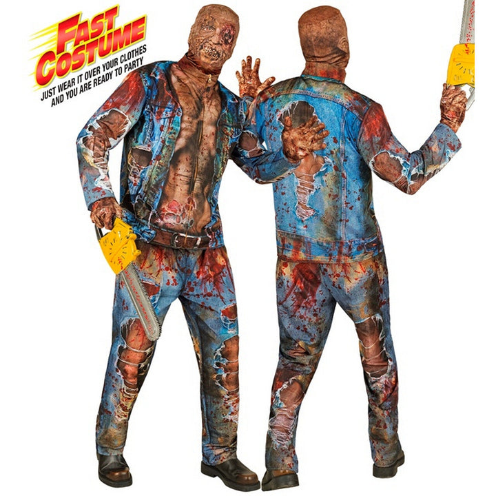 Herren Zombie Kostüm Blau Braun | 4-teiliges Halloween Kostüm mit Jacke, Hose, Handschuhen und Latexmaske im Biker-Look