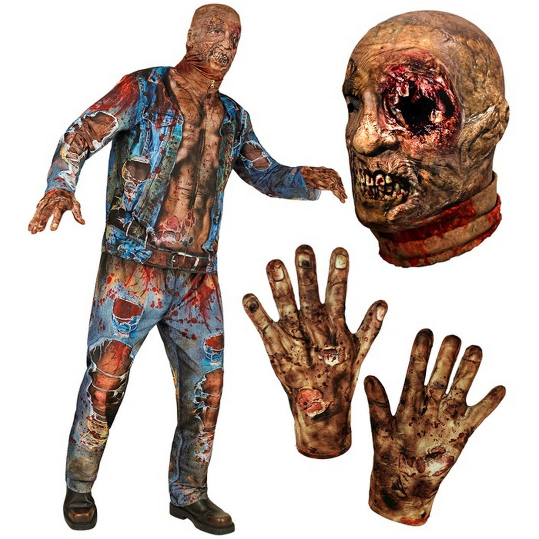 Herren Zombie Kostüm Blau Braun | 4-teiliges Halloween Kostüm mit Jacke, Hose, Handschuhen und Latexmaske im Biker-Look