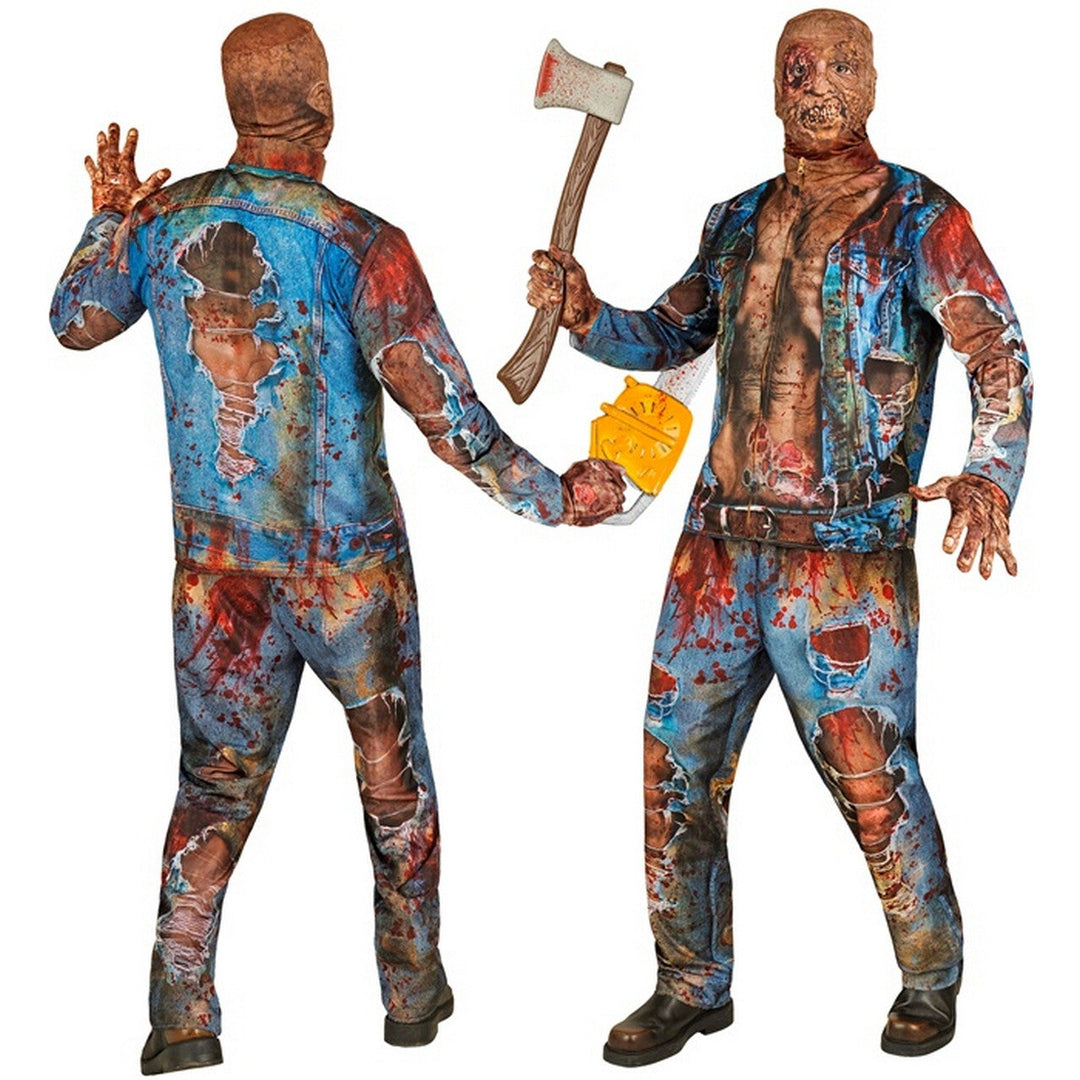 Herren Zombie Kostüm Blau Braun | 4-teiliges Halloween Kostüm mit Jacke, Hose, Handschuhen und Latexmaske im Biker-Look