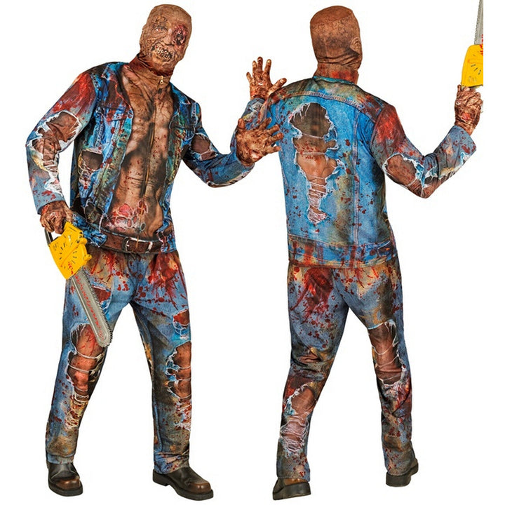 Herren Zombie Kostüm Blau Braun | 4-teiliges Halloween Kostüm mit Jacke, Hose, Handschuhen und Latexmaske im Biker-Look