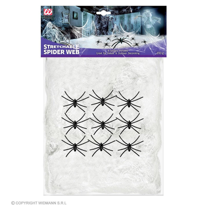 Halloween Spinnennetz 200 g | Weißes Dekonetz mit 9 schwarzen Spinnen für Wände, Fenster und gruselige Partydekoration