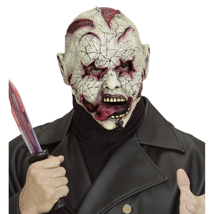 Halloween Horror Maske Weiß Rot | Gruselige Monster-Maske mit rissigem Gesicht, Narbenoptik und Zähnen für Horrorparty