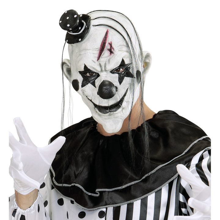 Halloween Killerclown Maske Schwarz Weiß | Gruselige Clown Maske mit Haaren, Minihut und Blutnarbe für Horror-Mottoparty