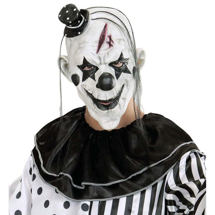 Halloween Killerclown Maske Schwarz Weiß | Gruselige Clown Maske mit Haaren, Minihut und Blutnarbe für Horror-Mottoparty