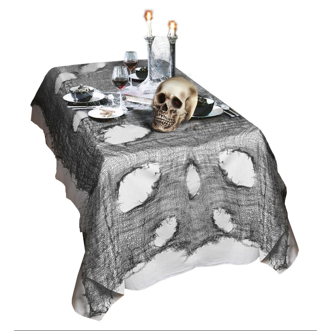 Halloween Tischdecke 75 × 300 cm | Schwarzes Deko-Netz mit Lochstruktur für gruselige Tisch- und Halloween-Dekoration