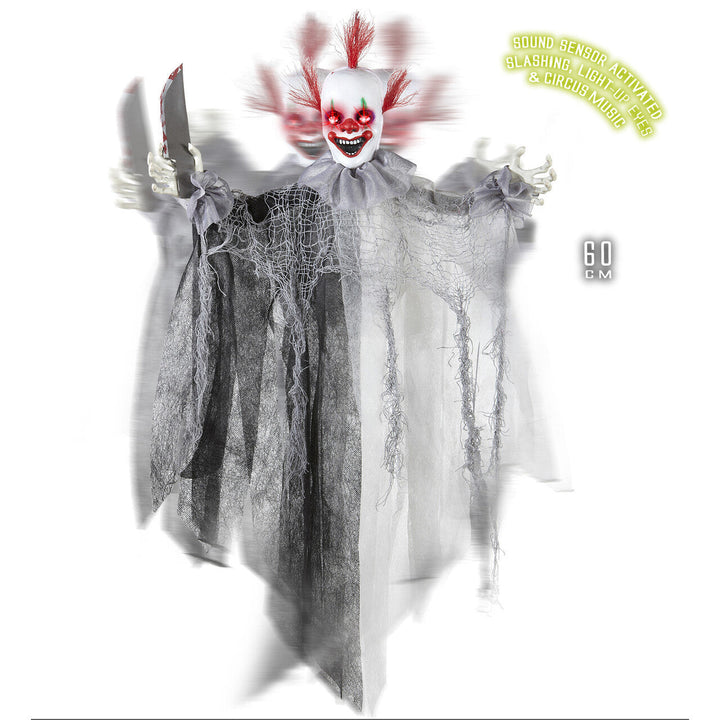 Halloween Killer Clown Deko 60 cm | Animierte Horror-Clown Hängedeko mit leuchtenden Augen, Sound und Bewegung