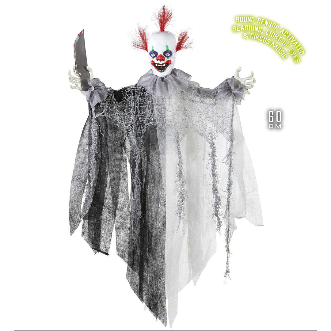 Halloween Killer Clown Deko 60 cm | Animierte Horror-Clown Hängedeko mit leuchtenden Augen, Sound und Bewegung