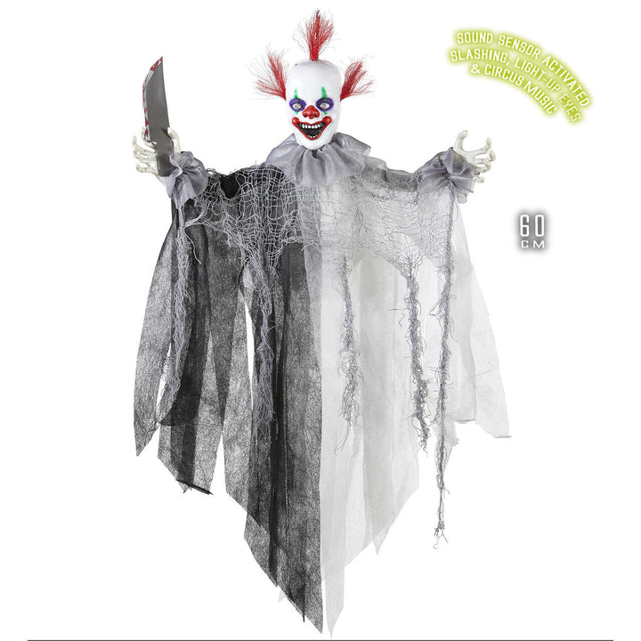 Halloween Killer Clown Deko 60 cm | Animierte Horror-Clown Hängedeko mit leuchtenden Augen, Sound und Bewegung