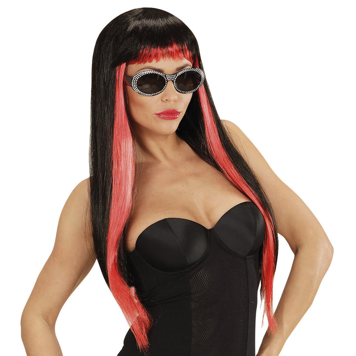 Damen Halloween Perücke Schwarz Rot | Lange Gothic Perücke mit geradem Pony und roten Strähnen für Vampir, Hexe und Mottoparty
