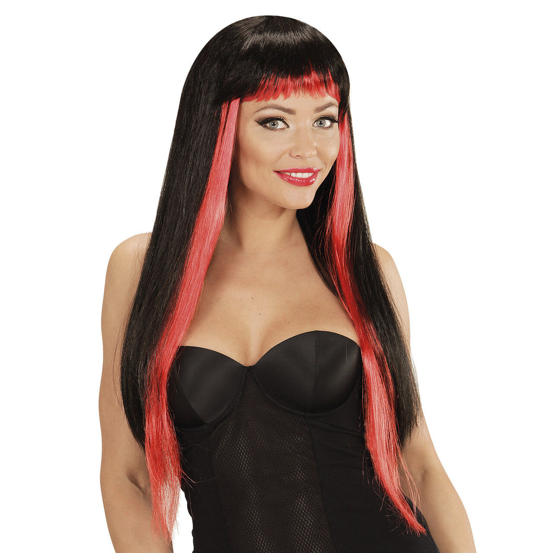 Damen Halloween Perücke Schwarz Rot | Lange Gothic Perücke mit geradem Pony und roten Strähnen für Vampir, Hexe und Mottoparty