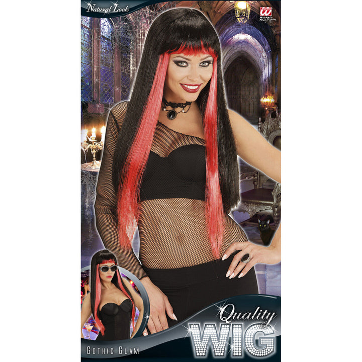 Damen Halloween Perücke Schwarz Rot | Lange Gothic Perücke mit geradem Pony und roten Strähnen für Vampir, Hexe und Mottoparty