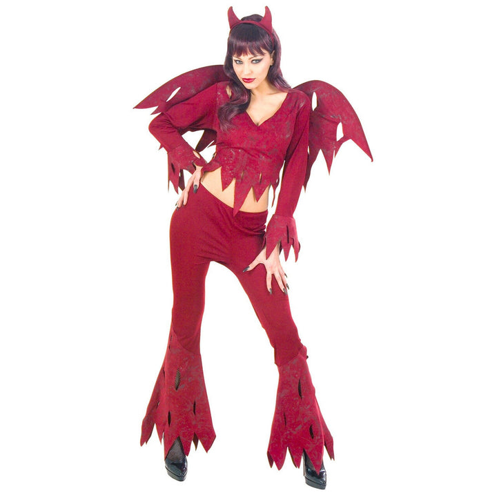 Damen Teufel Kostüm Bordeaux | Halloween Kostüm mit Flügeln, Hörnern, Oberteil und Schlaghose für Horrorparty und Karneval