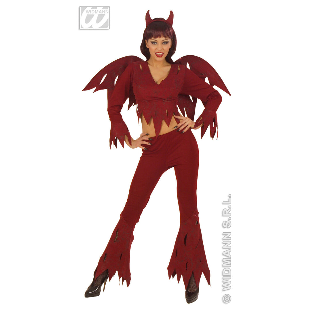 Damen Teufel Kostüm Bordeaux | Halloween Kostüm mit Flügeln, Hörnern, Oberteil und Schlaghose für Horrorparty und Karneval