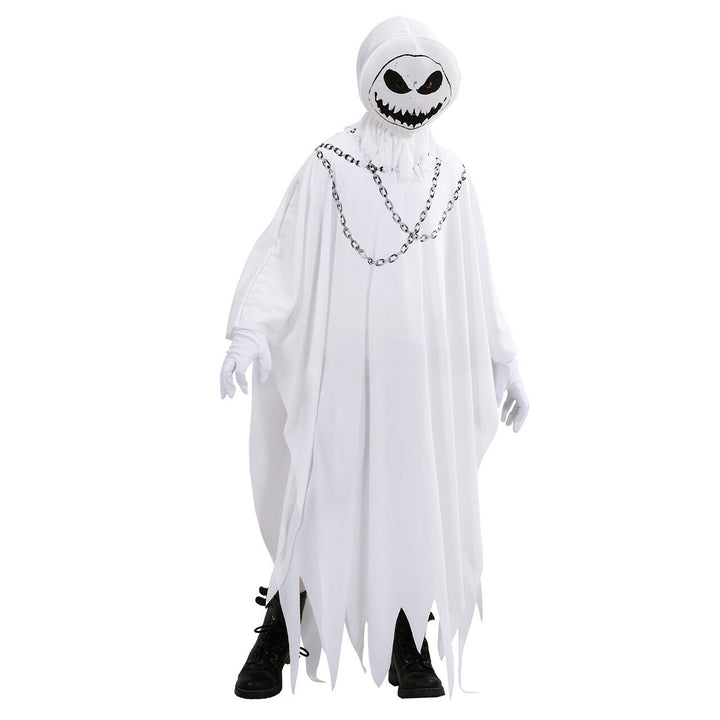 Kinder Geisterkostüm Weiß | Gruseliges Halloween Gespenst Kostüm mit Kapuze, Geistermaske und Ketten-Details für Mottoparty