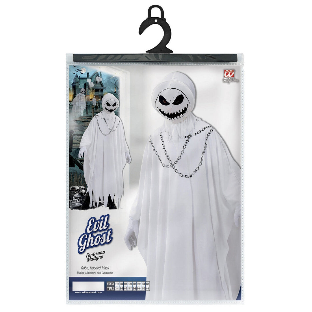 Kinder Geisterkostüm Weiß | Gruseliges Halloween Gespenst Kostüm mit Kapuze, Geistermaske und Ketten-Details für Mottoparty