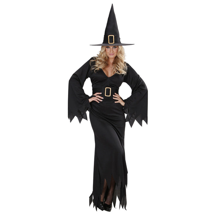 Damen Hexenkostüm Schwarz | Halloween Kostüm mit Hexenkleid, Gürtel und spitzem Hexenhut für Karneval und Mottoparty